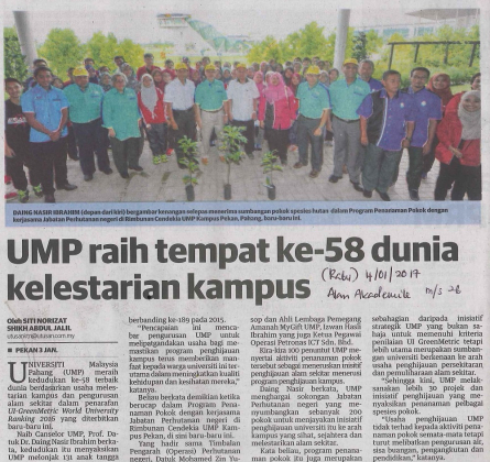 Utusan Malaysia : UMP raih tempat ke-58 dunia kelestarian kampus